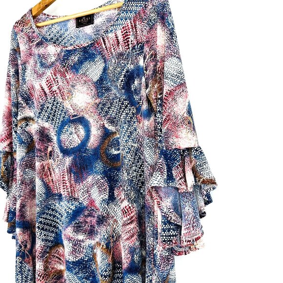 Amana Multicolored Abstract Print Boat Neck Ruffle Sleeve Tunic Blouse Size L - Picture 4 of 8